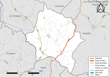 Carte en couleur présentant le réseau hydrographique de la commune