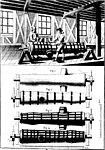 Des ouvriers s'affairant autour d'une pièce cylindrique, et en bas, différents types de pièces.