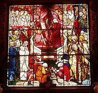 David's charge to Solomon shows the strongly linear design and use of flashed glass for which Burne-Jones' designs are famous. Trinity Church, Boston, US, (1882)