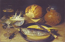 Breakfast Image with herring, Bartmann pitcher and a stag beetle