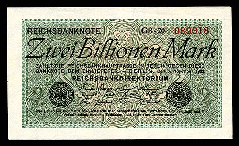 Two-trillion Mark at German Papiermark, by the Reichsbankdirektorium Berlin