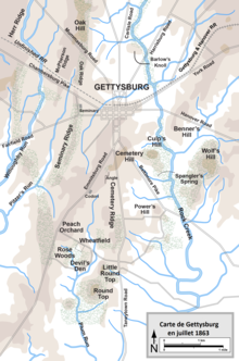 Map showing place names, topography and waterways surrounding Gettysburg.