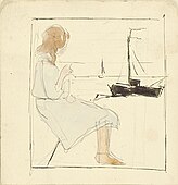 Girl Knitting by the Sea, pencil and watercolour by Theo van Doesburg, 1918