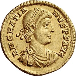 Golden coin depicting Gratian