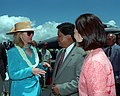 US First Lady Hillary Clinton wearing a straw hat, 1995.