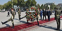 President Ilham Aliyev laying a wreath at the statue of Ismoili Somoni in Dushanbe.