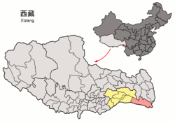 Location of Zayul County (red) within the Nyingchi Prefecture (yellow) and the Tibet Autonomous Region