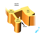 Plan schématisé en 3D d'un ensemble de murs et de tours.