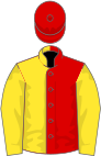 Red and yellow (halved), yellow sleeves, red cap