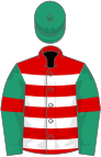 Red, white hoops, emerald green sleeves, red armlets, emerald green cap