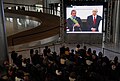 Screen inside the Planalto Palace showing President Luiz Inácio Lula da Silva delivering his public address at the Parlatorium