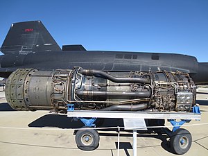 Pratt & Whitney J58 Bleed required from the compressor, pr 9:1. 4th stage bleed doors required for engine starting and venting to the nacelle are visible immediately forward of the top bleed tube. 3 of 6 tubes for 4th stage bypass bleed to the afterburner required at low corrected speeds caused by high Mach ram temperature.[62]