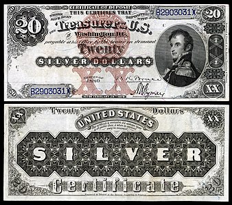 Twenty-dollar silver certificate from the series of 1880, by the Bureau of Engraving and Printing