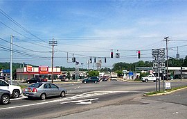 Five-way intersection of Routes 32, 94 and 300 at Vails Gate, NY. Referred to as "Five Corners"