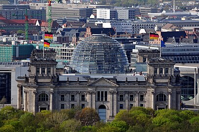 The Reichstag building with Gottfried Böhm's and Norman Foster's glass dome seen from Potsdamer Platz