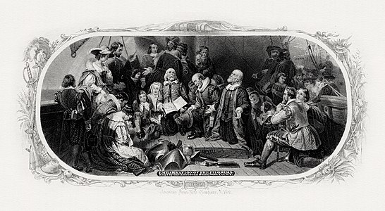 Embarkation of the Pilgrims at Art and engraving on United States banknotes, by Robert Walter Weir and W.W. Rice (restored by Godot13)