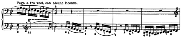 The entrance of the fugue. The subject appears in the bottom staff, and continues for a few bars past this excerpt.
