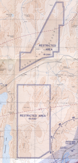 1955 map of "U. S. Prohibited, Restricted, Caution and Warning Areas on Elko Sectional Chart": "Black Rock Desert" (R-266) and "Sahwave Mountains" (R-430)