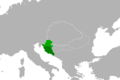 Image 45Medieval Croatia (dark green) south of Gvozd Mountain shown in relation to medieval Slavonia (green) spanning between Sava and Drava rivers. (from History of Croatia)