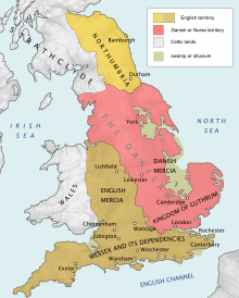 A map of England showing the Danelaw ruling over much of north and east England, Northumberland ruling the northern coast from Tees to Forth, and the Kingdom of Strathclyde occupying much of Scotland and Cumbria.