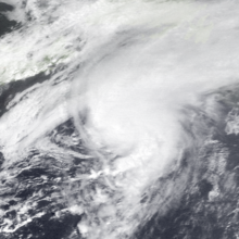 A satellite image of a hurricane over the northwestern Atlantic basin