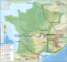 Carte moderne représentatn les voies romaines au départ de Lugdunum.