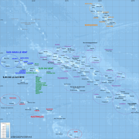 Les Tuamotu (au milieu et en violet) sur la carte de la Polynésie française