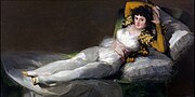 法蘭西斯科·哥雅的《著衣的馬哈》，95 × 190cm，約繪於1796－1798年，1901年始藏，來自皇家聖費爾南多美術學院[79]