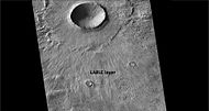 LARLE crater, as seen by CTX LARLE layer that is composed of fine-grained material is labeled. It may be eroded away and a pedestal crater will remain.[17]