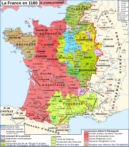 Carte de la France à la fin du XIIe siècle, le Forez est un fief du royaume de France, le Lyonnais un état du Saint-Empire.