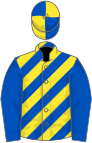 Royal blue and yellow diagonal stripes, royal blue sleeves, quartered cap