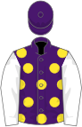 Purple, yellow spots, white sleeves, purple cap