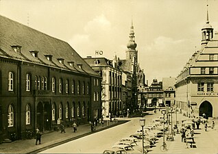 Echtfotopostkarte Greifswald Postamt und Rathaus, um 1960