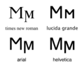 The Greek letter san as it appears in four basic fonts: Times New Roman, Lucida Grande, Arial, and Helvetica