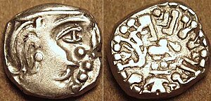 Silver coin of king Krishnaraja (r. c. 550-575) of the Kalachuri dynasty, on the model of the Western Satraps. of Kalachuris of Mahishmati