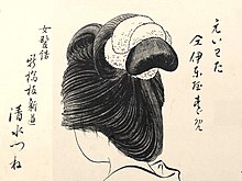 A black and white drawing of the back of a woman's hairstyle. The bun is wrapped with a number of fabric ties.