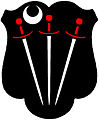 Pawlets (England): Sable, three swords in pile, points in base, argent, hilted gules, a crescent for difference.