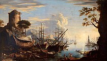 薩爾瓦托·羅薩（英语：Salvator Rosa）的《黃昏海岸》（Marina del puerto），234 × 395.5cm，約作於1641年[35]