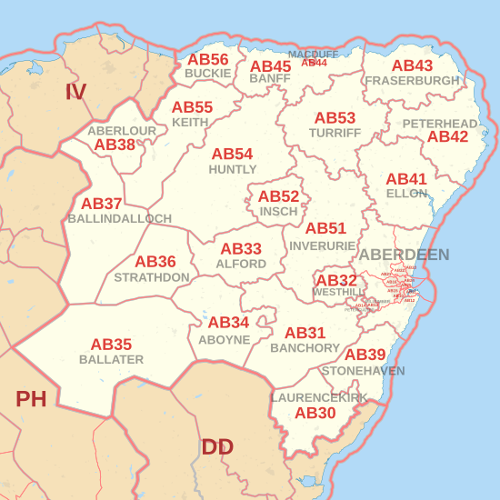 AB postcode area map, showing postcode districts, post towns and neighbouring postcode areas.