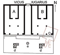 Plan en noir et blanc de bâtiments antiques.