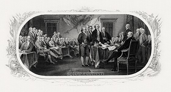 Declaration of Independence at Art and engraving on United States banknotes, by John Trumbull and Frederick Girsch (restored by Godot13)