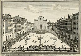 La basílica de la Santa Cruz en el Calcio florentino en 1688, con la fachada inacabada