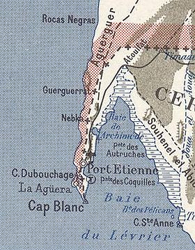 Carte de 1958 du cap Blanc, aujourd'hui ras Nwaddhibu ou râs Nouâdhibou : au nord et à l'ouest du (Sahara occidental), au sud et à l'est la Mauritanie.