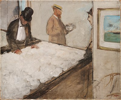 Compared to the meticulous A Cotton Office in New Orleans, Degas's Cotton Merchants in New Orleans is a more "impressionistic" sketch.