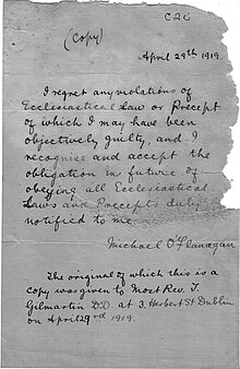 Draft copy of a letter from O'Flanagan to Bishop Coyne, 29 April 1919.