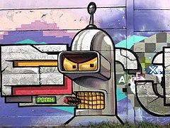 Graffiti of the character Bender on a wall in Budapest, Hungary