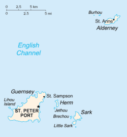 St Anne is clearly marked on Alderney in the north east.