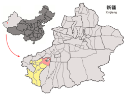 巴楚县在新疆的位置（以粉红色标示）