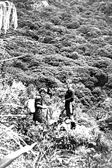 Photographie grand angle en noir et blanc de deux femmes en pleine nature, équipées pour la randonnée.