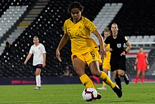 Fowler playing for Australia in the 2019 friendly against England